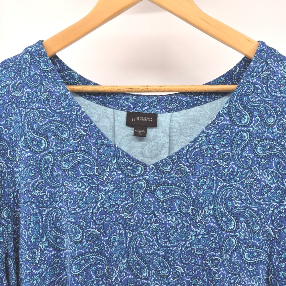J. Jill Wearever Paisley Tunic Top XL Tall Blue Teal V-Neck 3/4 Sleeve Stretch - Picture 3 of 12